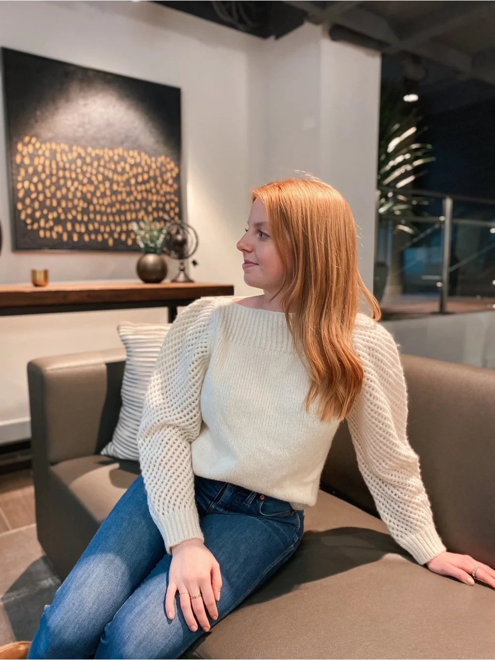 LoveShackFancy Cream Open-Knit Puff Sleeve Sweater